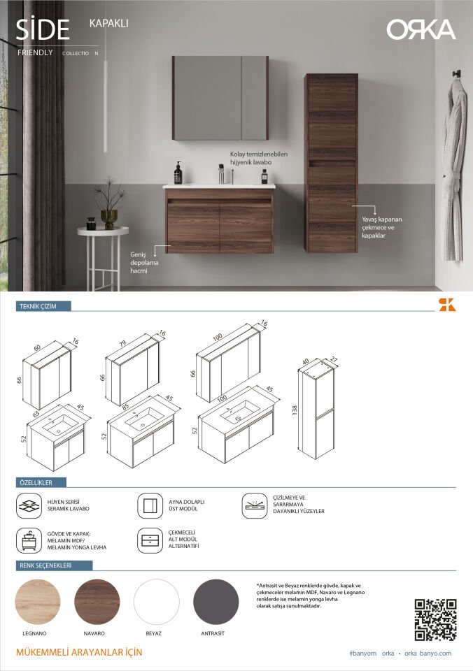 Orka Banyo Dolabı Sıde 85 Cm Mat Antrasit Takım Kapaklı
