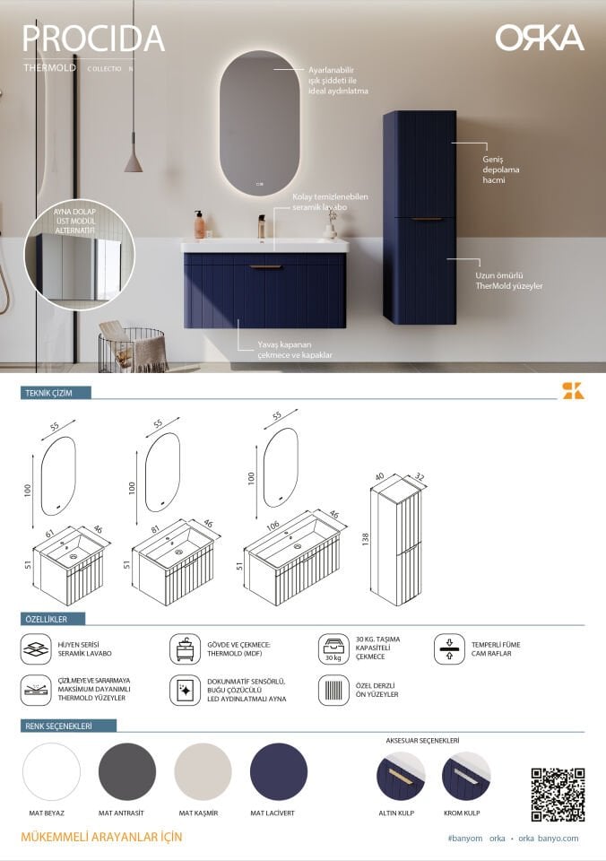 Orka Banyo Dolabı Procıda V2 80 Mat Lacivert/Aaltın Takı