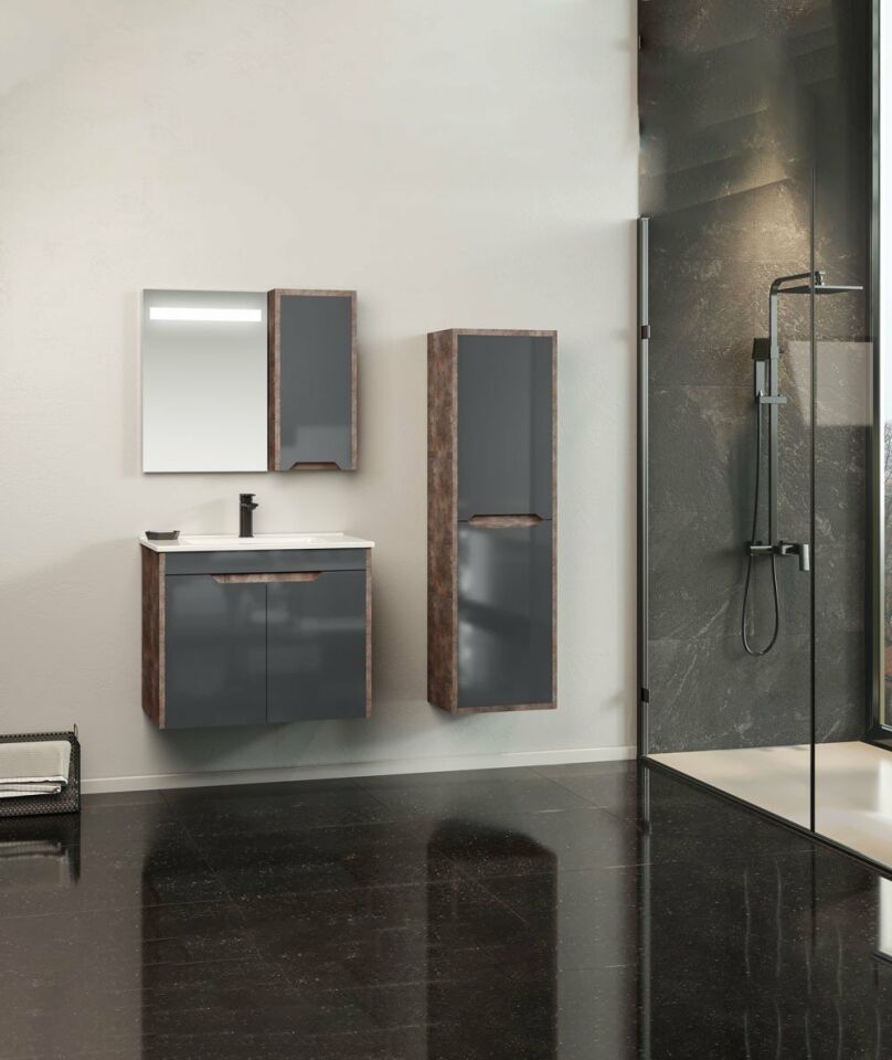 Orka Banyo Dolabı Lago 100 Cm Kahvetaş- Antrasıt Takım