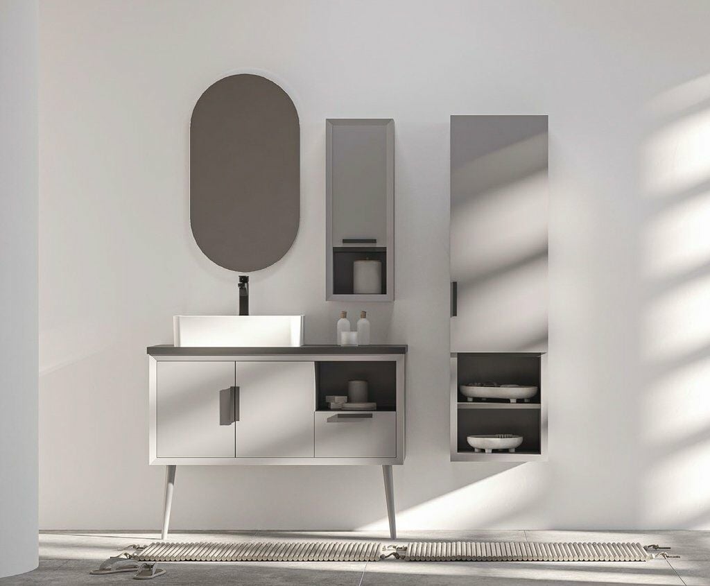 Belinza Banyo Dolabı Retro 100 Cm Kadife Gri Takım