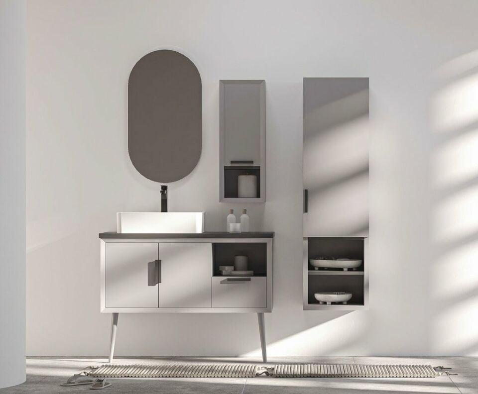 Belinza Banyo Dolabı Retro 100 Cm Kadife Gri Takım