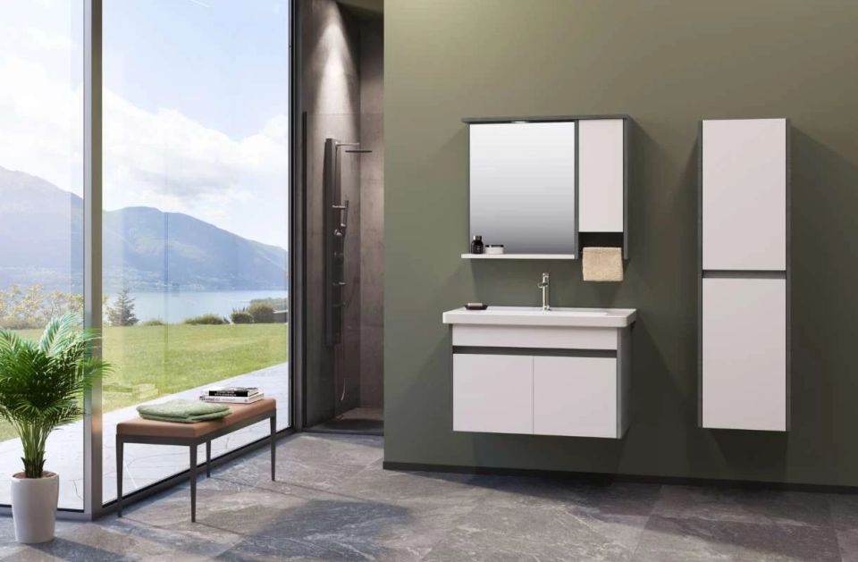 Orka Aydos Banyo Dolabı Takım 85 cm Retro Gümüş/Beyaz