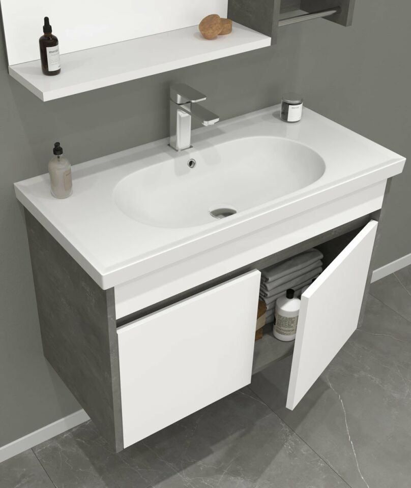 Orka Aydos Banyo Dolabı Takım 85 cm Retro Gümüş/Beyaz