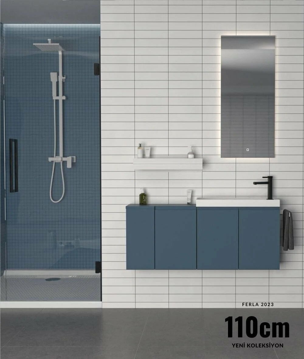 Orka Ferla 110 Cm Mat Pasıfıc Mavi Banyo Dolabı Takım