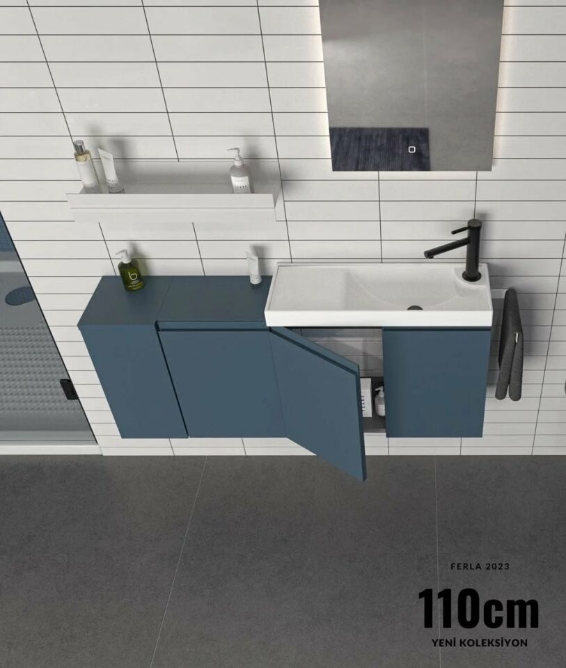 Orka Ferla 110 Cm Mat Pasıfıc Mavi Banyo Dolabı Takım