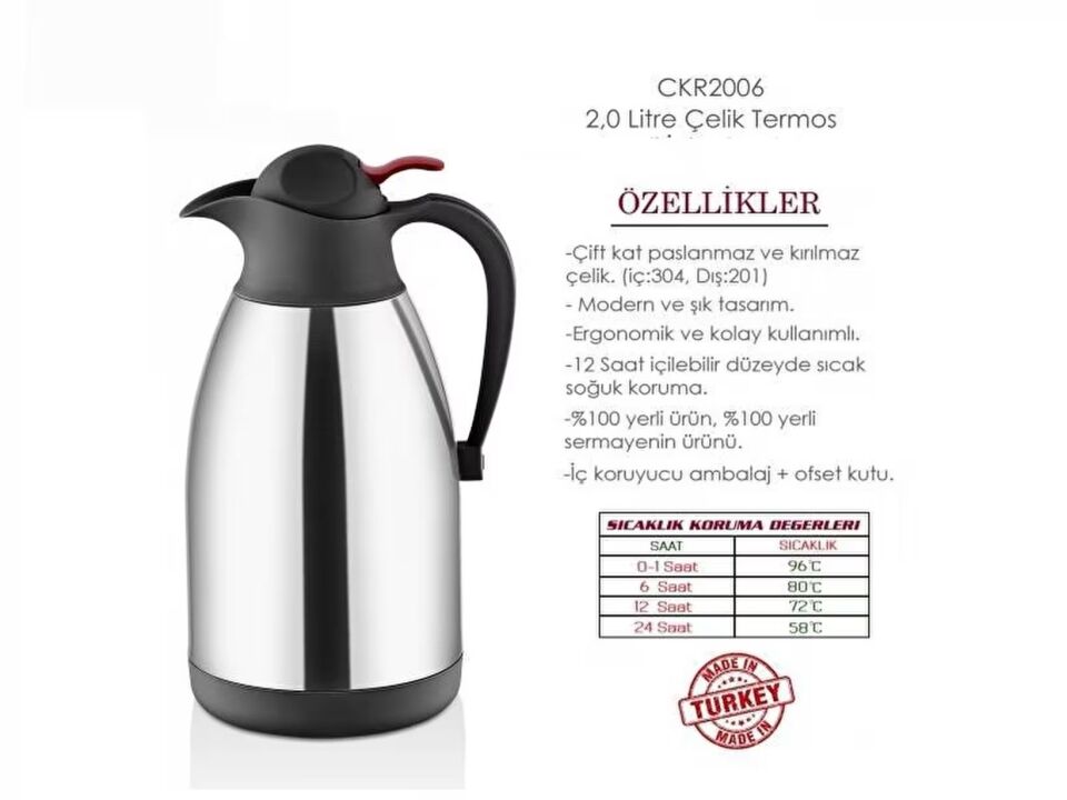 COOKER CKR-2006 Paslanmaz Çelik Termos 2 Litre